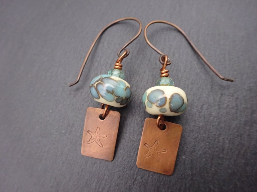 copper starfish earrings, lampwork glass jewellery