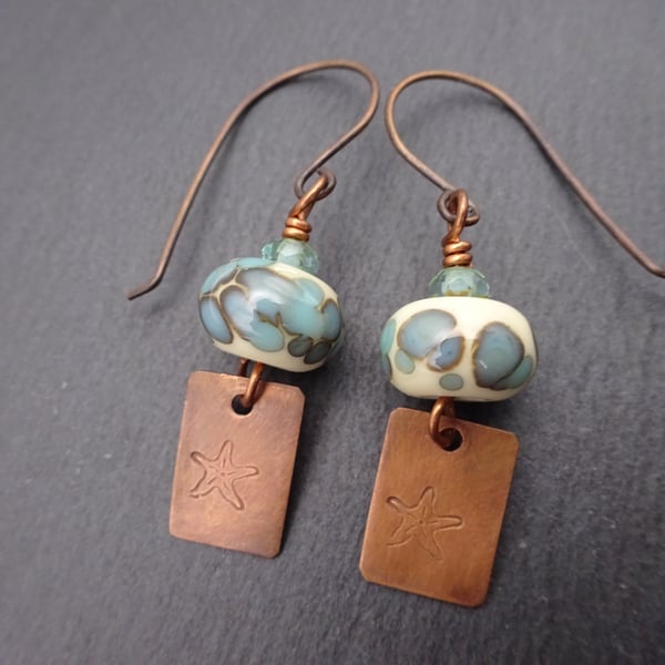 copper starfish earrings, lampwork glass jewellery
