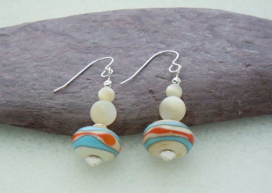 Sterling silver Lampwork glass & Mother of Pearl bead earrings