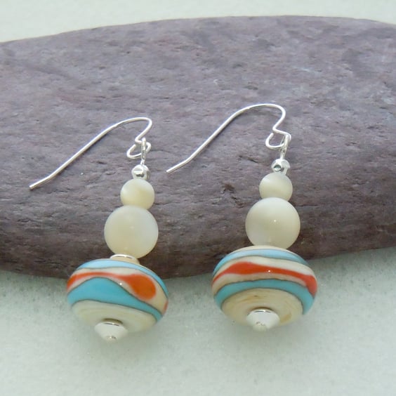 Sterling silver Lampwork glass & Mother of Pearl bead earrings