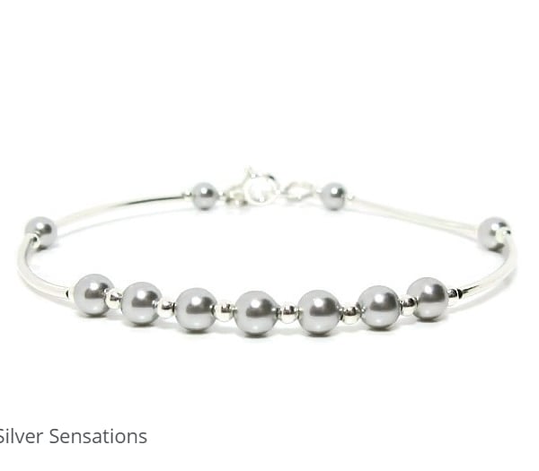 Light Grey Pearls Dainty Bangle Bracelet With Premium Pearls & Sterling Silver