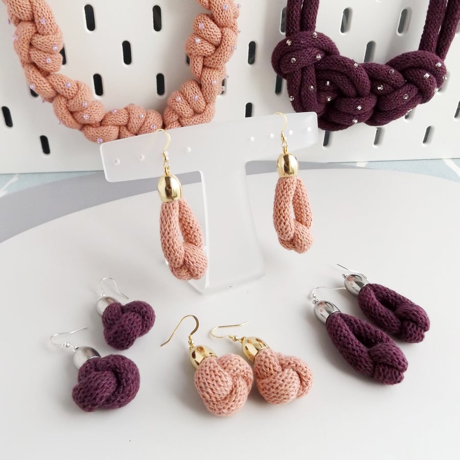 Knot statement earrings made from soft cotton cord