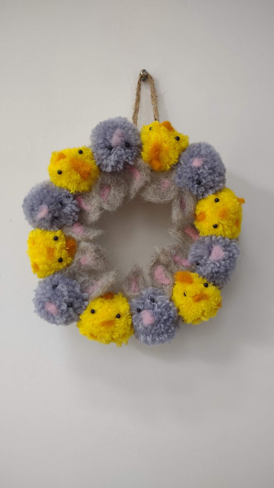 Easter bunnies and chicks pom pom wreath