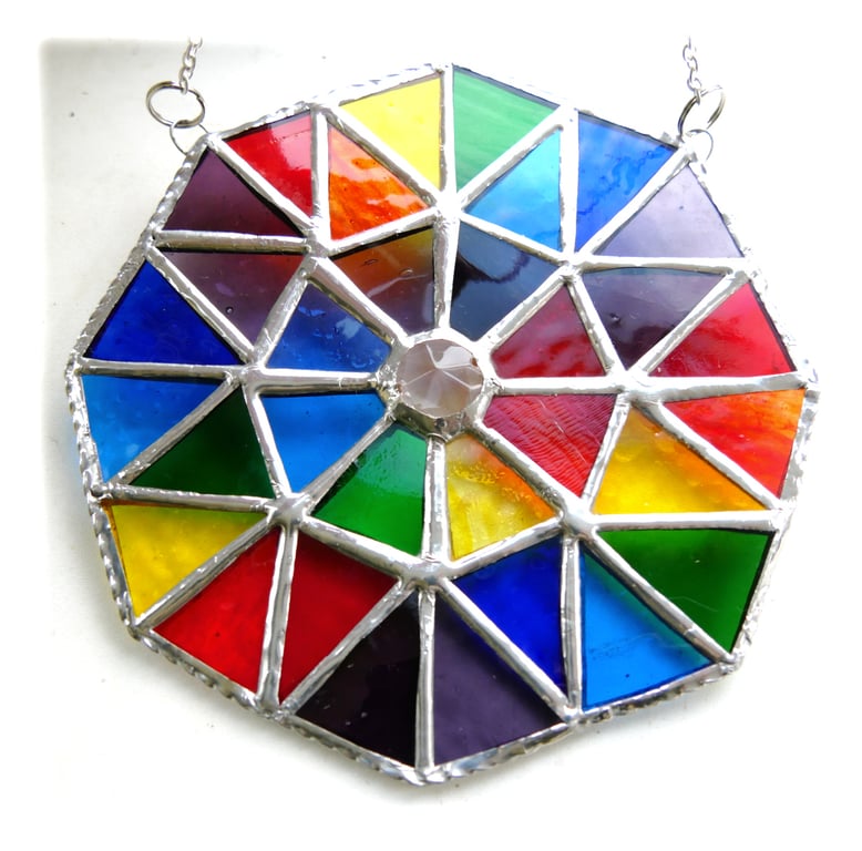 Rainbow Patchwork Octagon Suncatcher Stained Glass Handmade 008