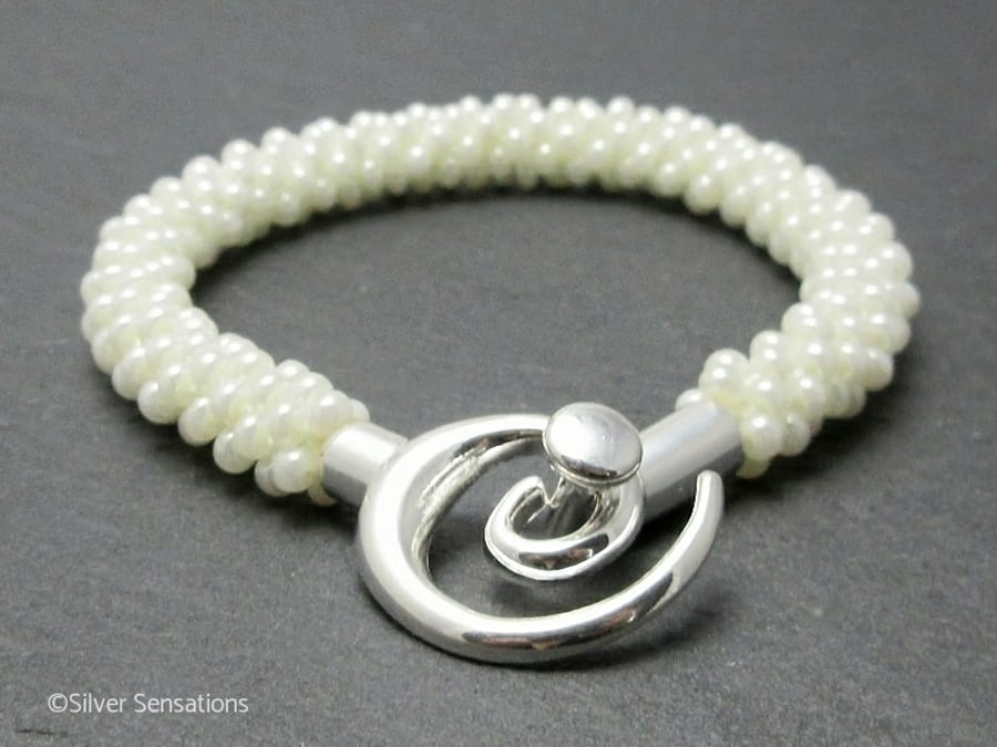 Pearly White Braided & Woven Kumihimo Seed Bead Fashion Bracelet 