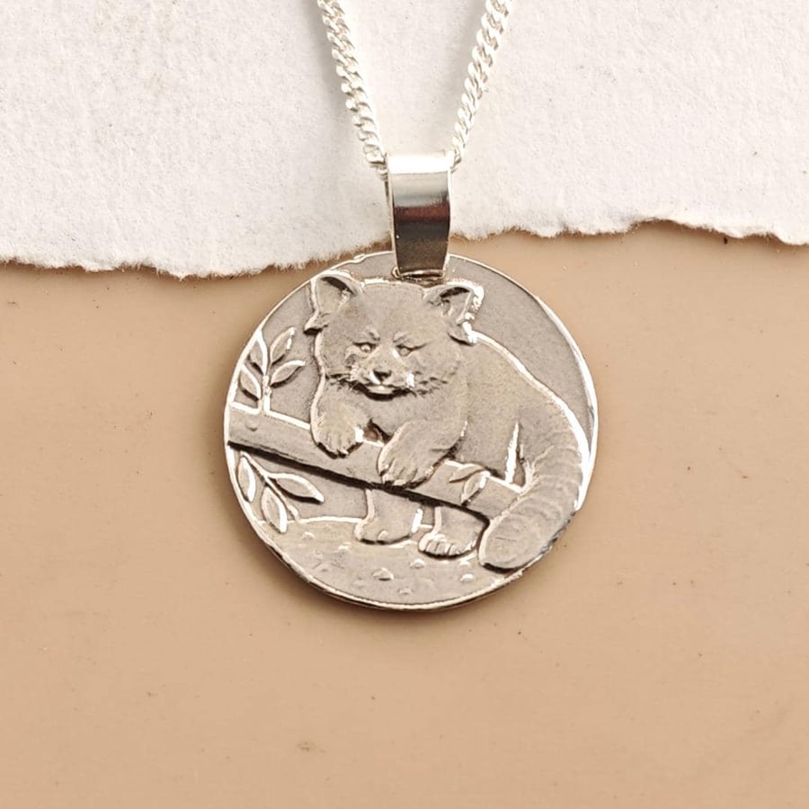Red Panda Engraved Sterling Silver Coin Necklace