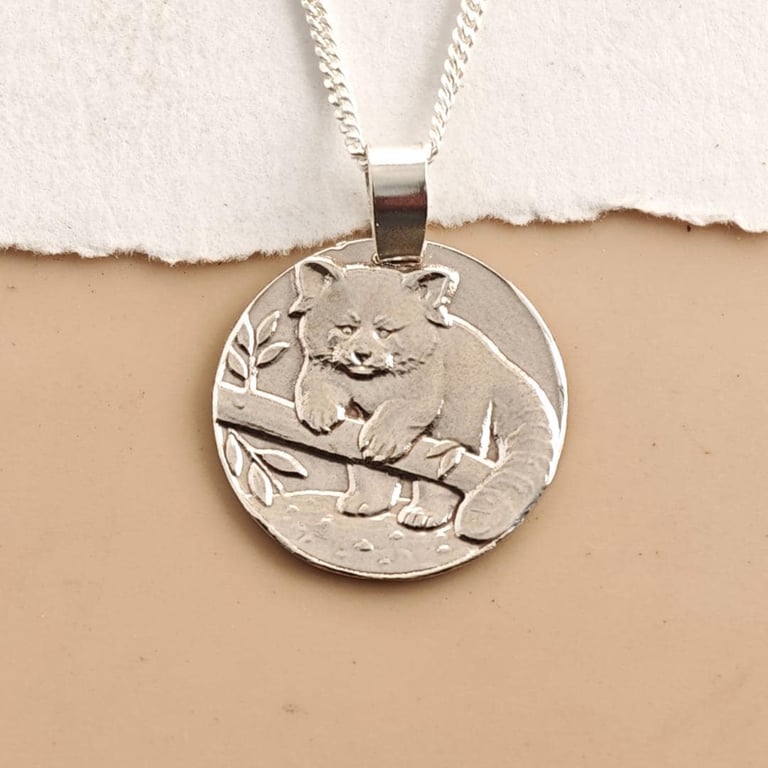 Red Panda Engraved Sterling Silver Coin Necklace