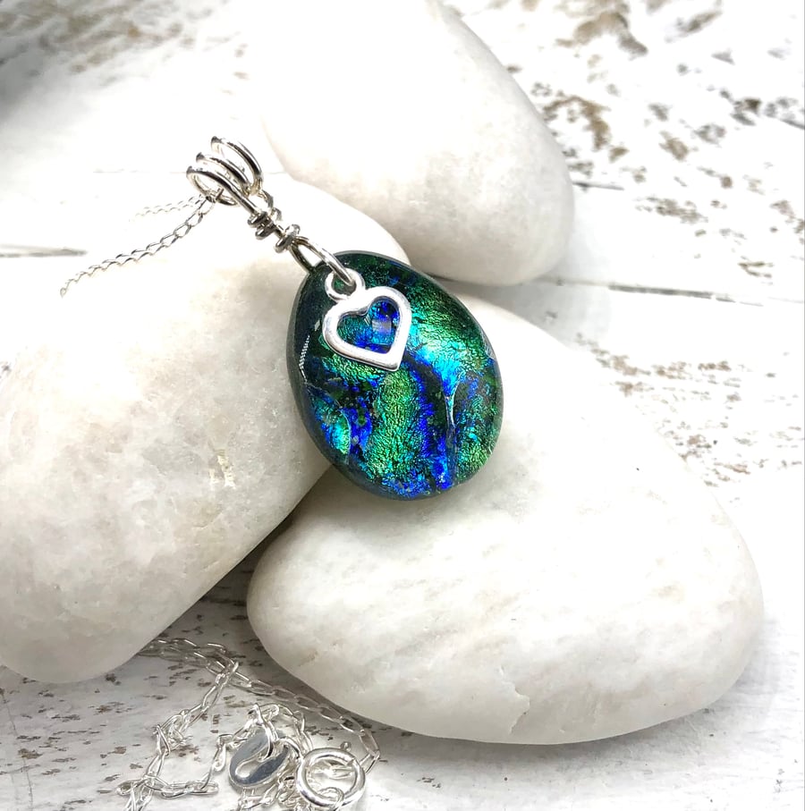 Pretty Sterling Silver & Dichroic Glass Necklace with Silver Heart Charm