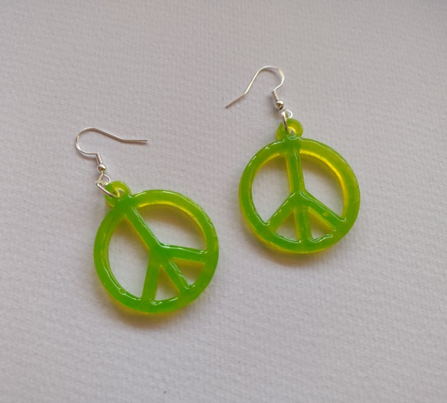 Neon Green 'Peace' Earrings Handmade With Resin. 925 Silver Hooks.