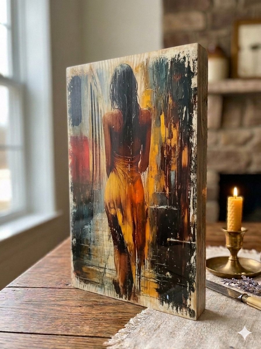 Impressionist Art, Woman From Behind, Cinematic Wood Block, Photo Transfer Art