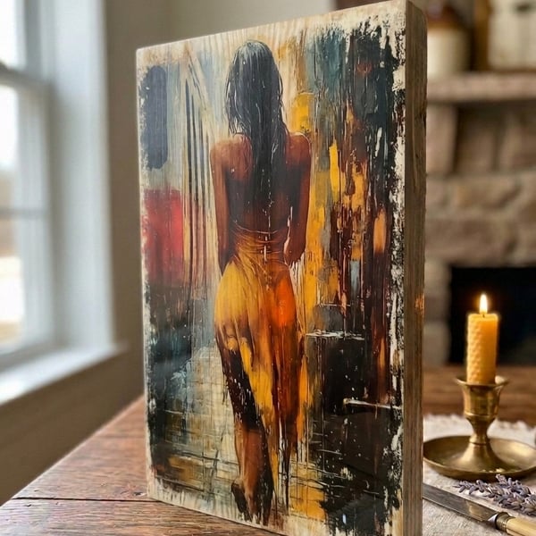 Impressionist Art, Woman From Behind, Cinematic Wood Block, Photo Transfer Art
