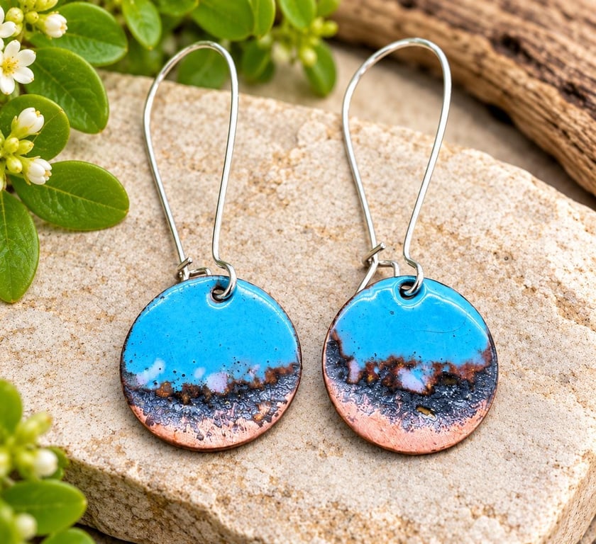 Blue copper enameled earrings, Handmade round drop earrings, Turquoise sea inspi