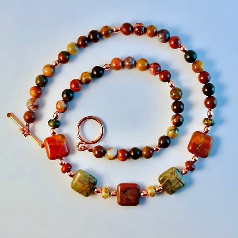 Red Creek Jasper Necklace With Copper - Handmade In Devon