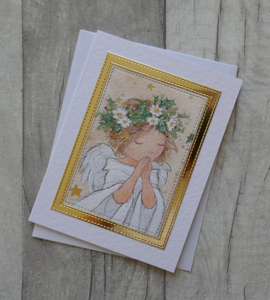 Cute Angel with Garland of Flowers and Holly  - Upcycled Christmas Card