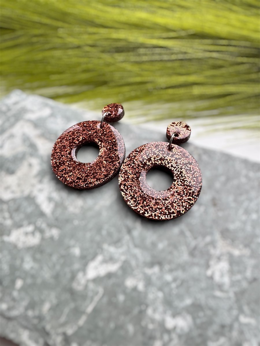 Acrylic Bronze Glitter Hoop Earrings 