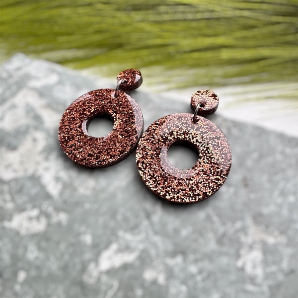 Acrylic Bronze Glitter Hoop Earrings 