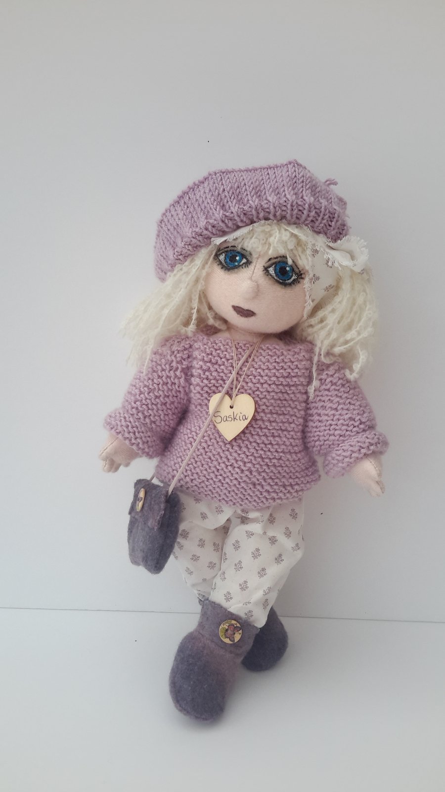 REDUCED  Saskia 13" Tall Handmade Collectable Cloth Doll, OOAK Art Doll 