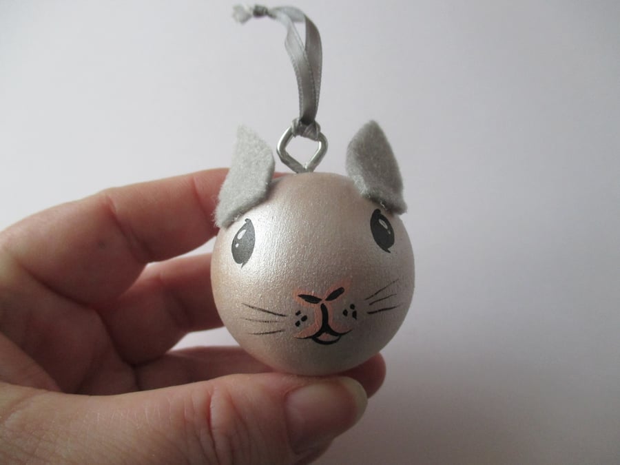 Bunny Rabbit Christmas Bauble Tree Decoration Silver Xmas Hand Painted Wooden