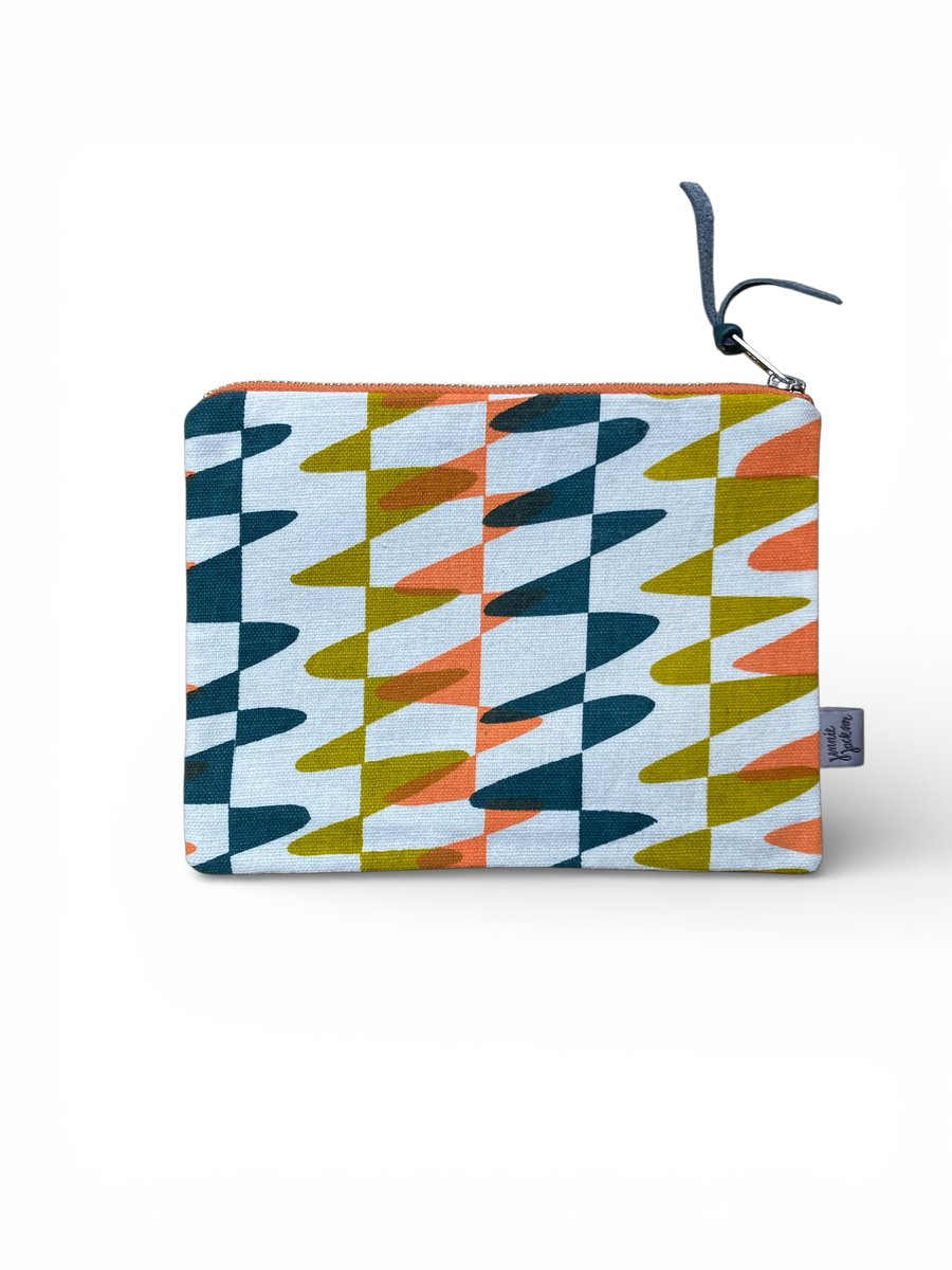 SECONDS SALE - Hand printed zip pouch - Blue, Coral pink, Ochre