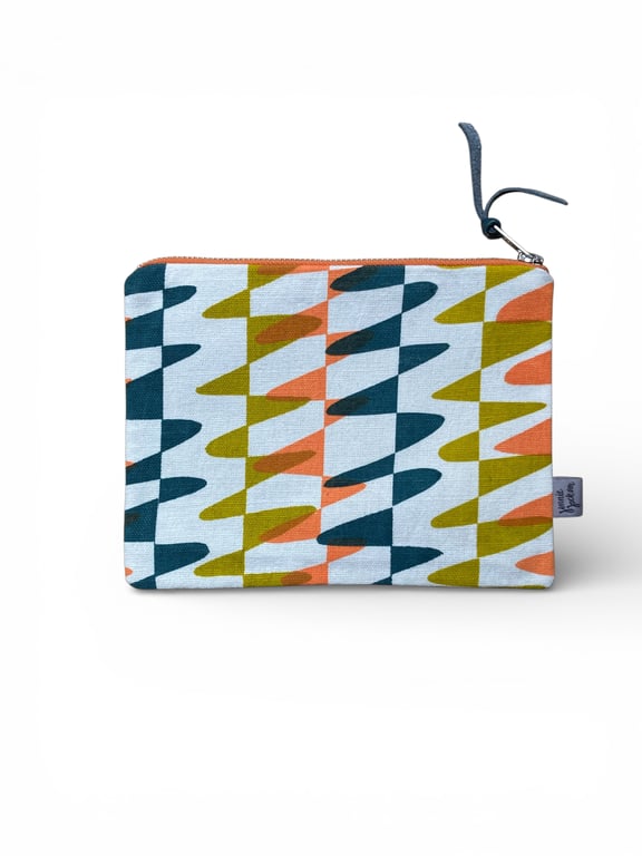 SECONDS SALE - Hand printed zip pouch - Blue, Coral pink, Ochre