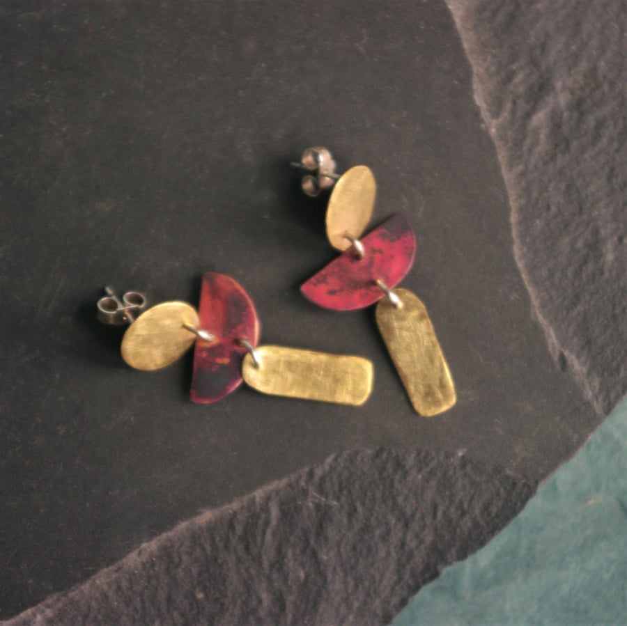  Brass and Copper Geometric Dangle Stud  Earrings