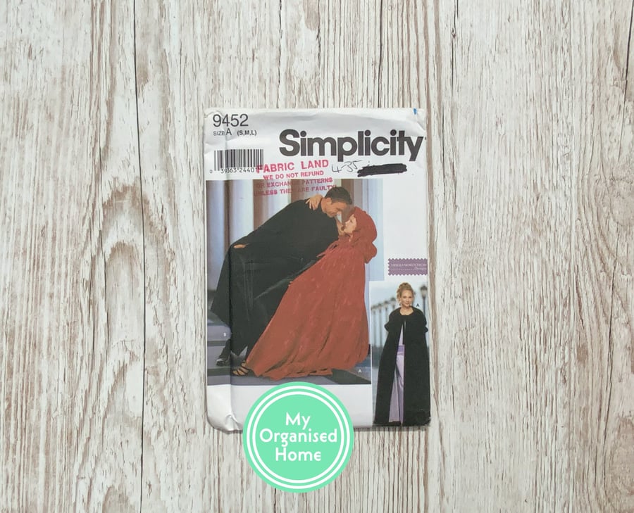 Simplicity 9452 sewing pattern, sizes S-M-L, misses and mens cape, retro pattern