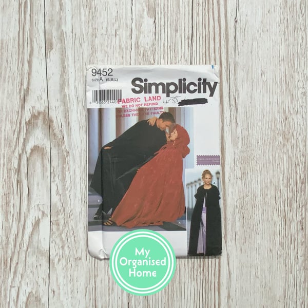 Simplicity 9452 sewing pattern, sizes S-M-L, misses and mens cape, retro pattern