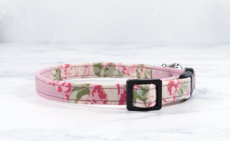 Cat Collar, Tilda Fabric, Rose, Vintage Style, Pink, Collar with Bell, Farmhouse