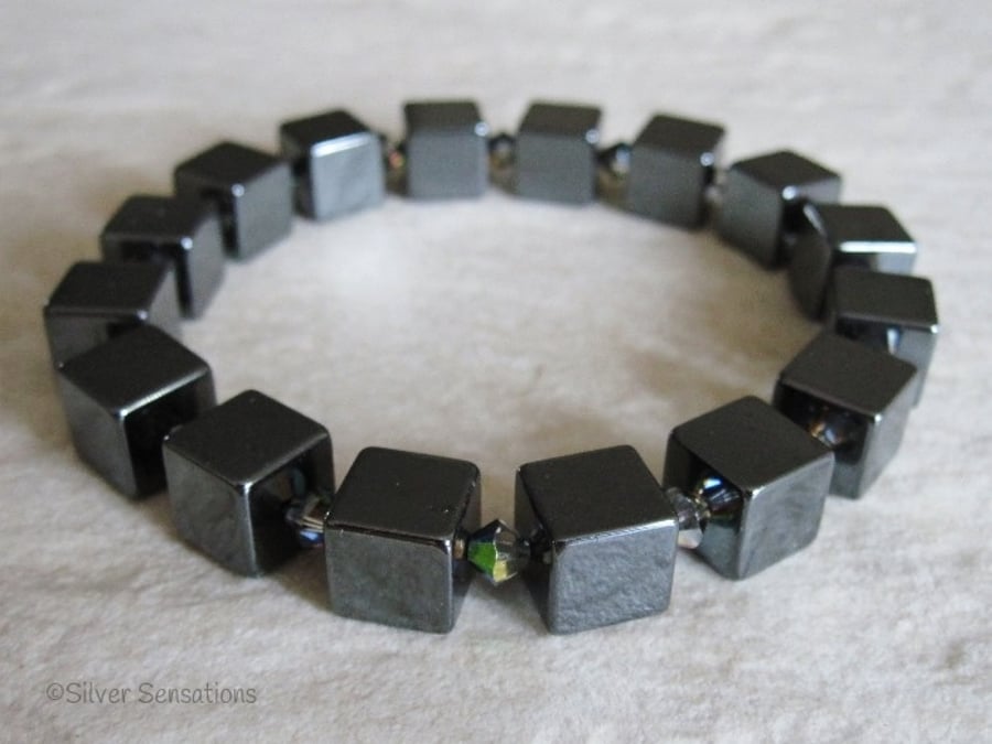 Grey Black Hematite Cube Beads & Sparkly Swarovski Crystals Handmade Bracelet