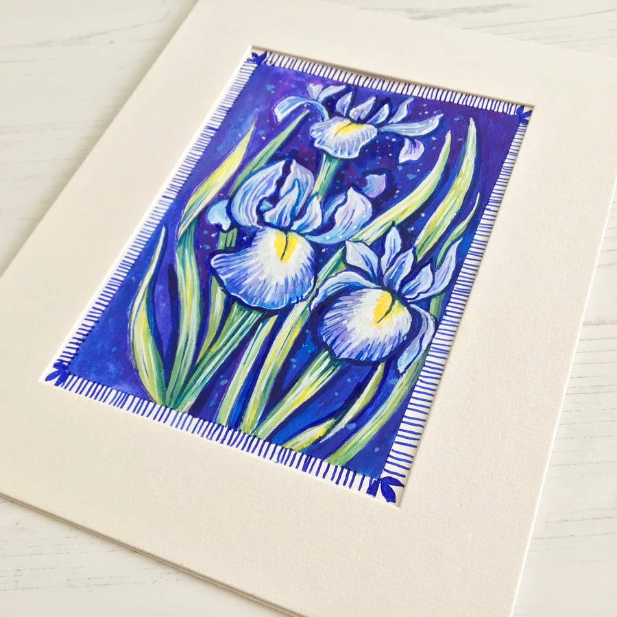 Original Painting of Iris Flowers in Watercolour and Ink