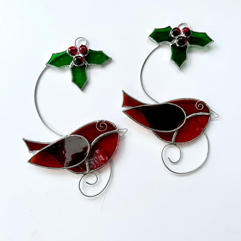 Stained Glass Robin with Holly Suncatcher - Handmade Window Decoration