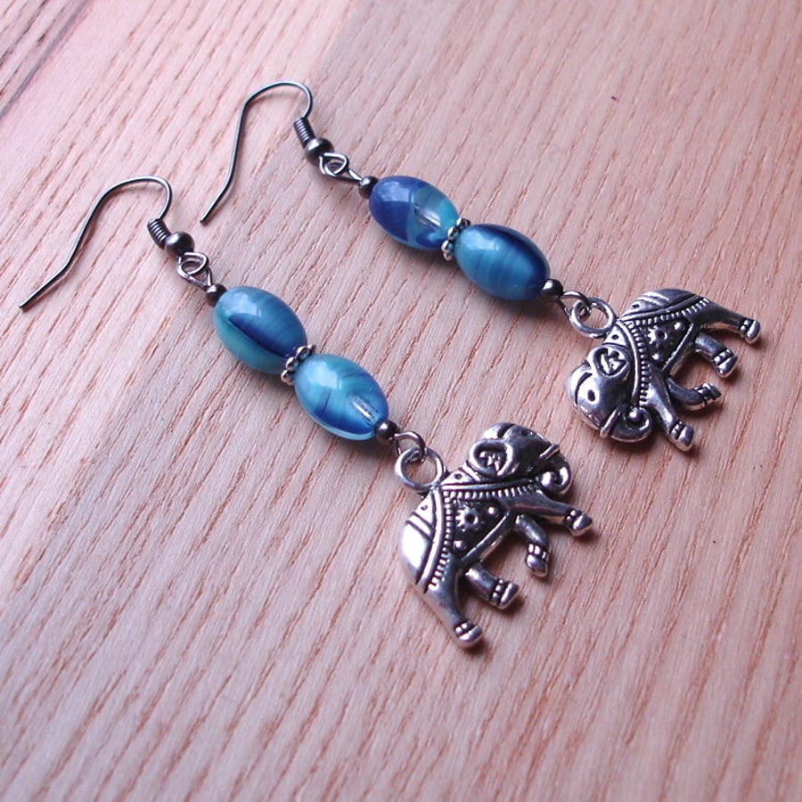 Blue Elephant Charm Bead Earrings