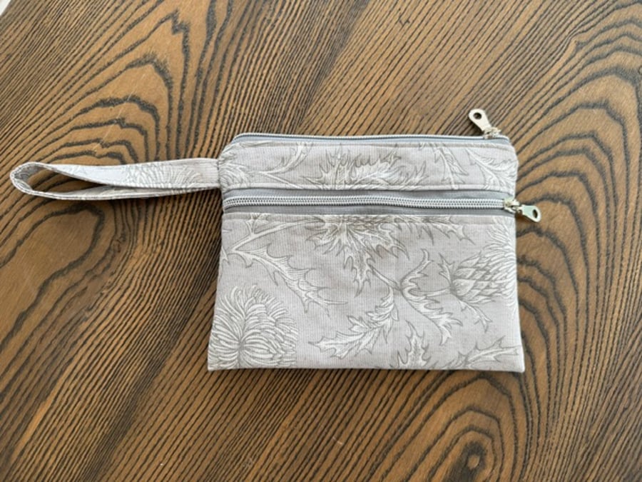 Light Grey Thistle Design Make-up or Toiletry Bag Deep Pink Silk Effect Lining 
