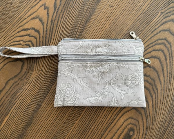 Light Grey Thistle Design Make-up or Toiletry Bag Deep Pink Silk Effect Lining 
