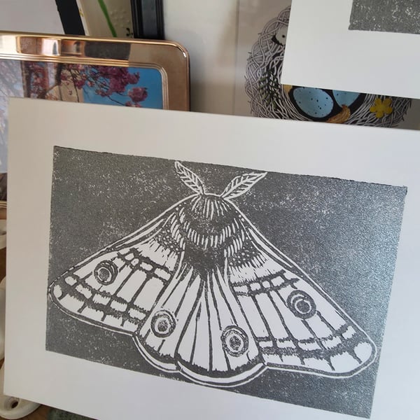 Emperor Moth silver linocut card (open edition)