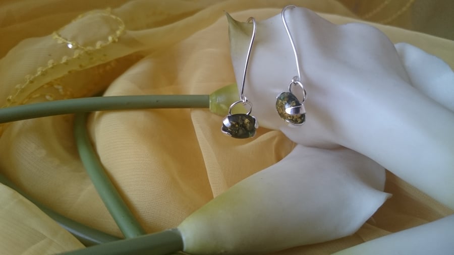 Green amber and sterling silver drop earrings