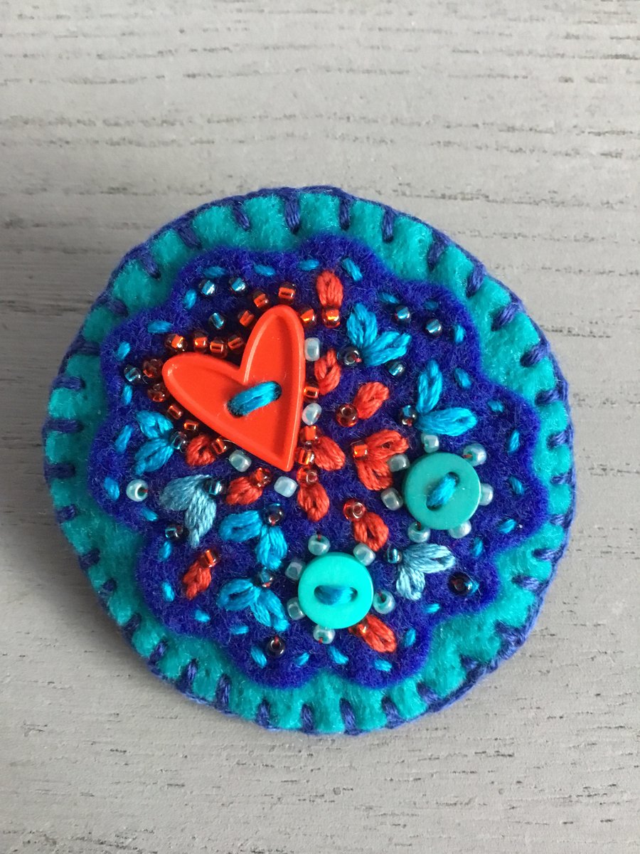 Embroidered Blue Heart Brooch 