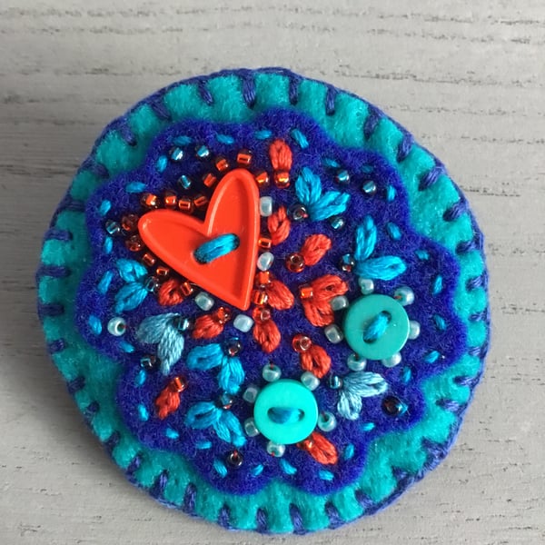 Embroidered Blue Heart Brooch 