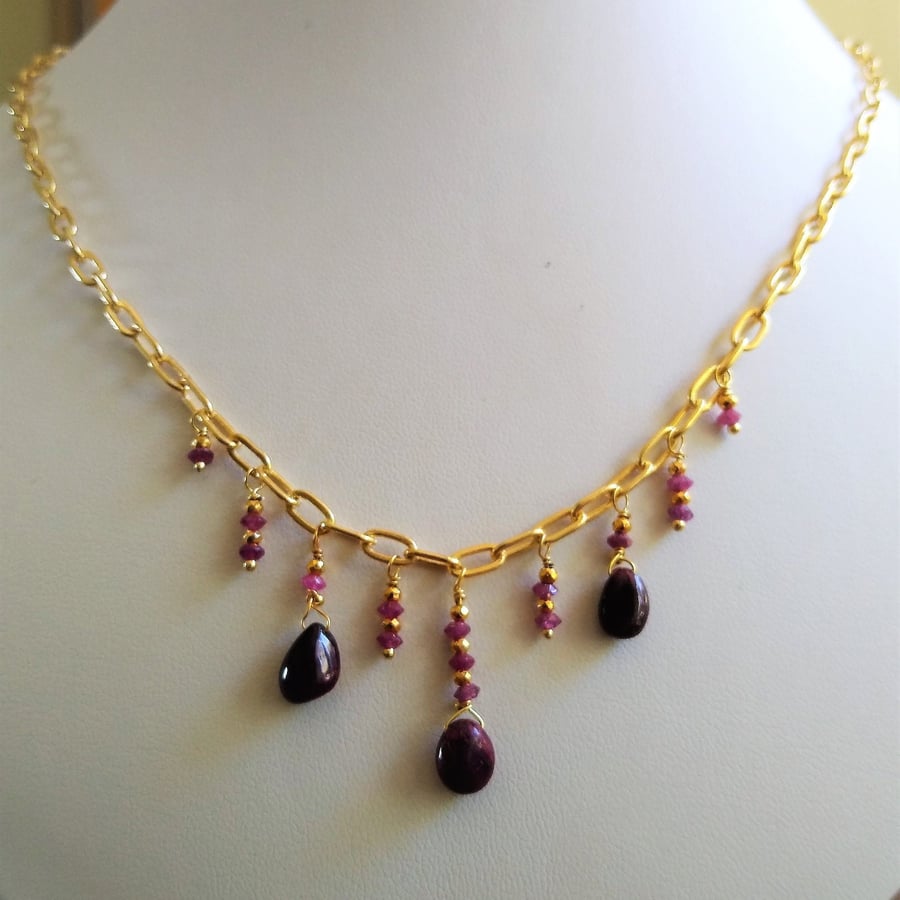 Ruby Waterfall Gold Paperclip Chain Necklace, Ruby Multi Drop Gold Chain