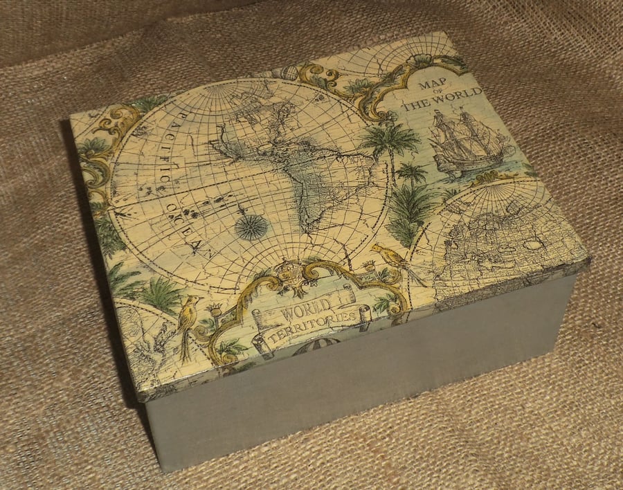 Decorated Tin Box Antique Map Storage Treasures Photos Travel Memorabilia