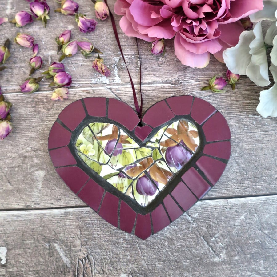 Fuchsia Flower Mosaic Heart, Handmade Wall Art with Vintage China