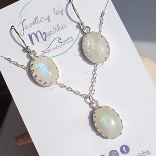 Moonstone Necklace Earrings Jewellery Gift Set Sterling Silver Blue Flash 