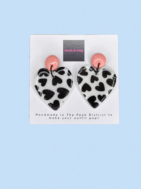Black Heart Print Statement Heart Earrings with Pink Stud Tops – Handmade Polyme