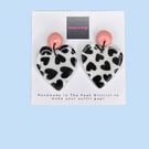 Black Heart Print Statement Heart Earrings with Pink Stud Tops – Handmade Polyme