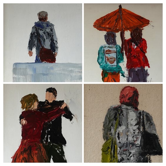 'The Dancers', 4 oil knife paintings framed set 8.5x25inch (22x64cm).