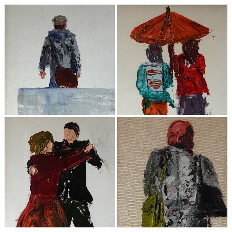 'The Dancers', 4 original oil knife paintings framed set 8.5x25inch (22x64cm).