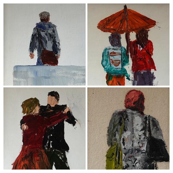 'The Dancers', 4 oil knife paintings framed set 8.5x25inch (22x64cm).