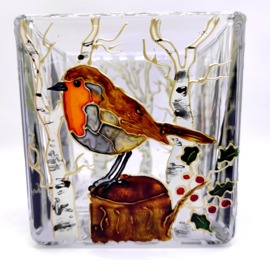 Hand painted candle holder, Robin