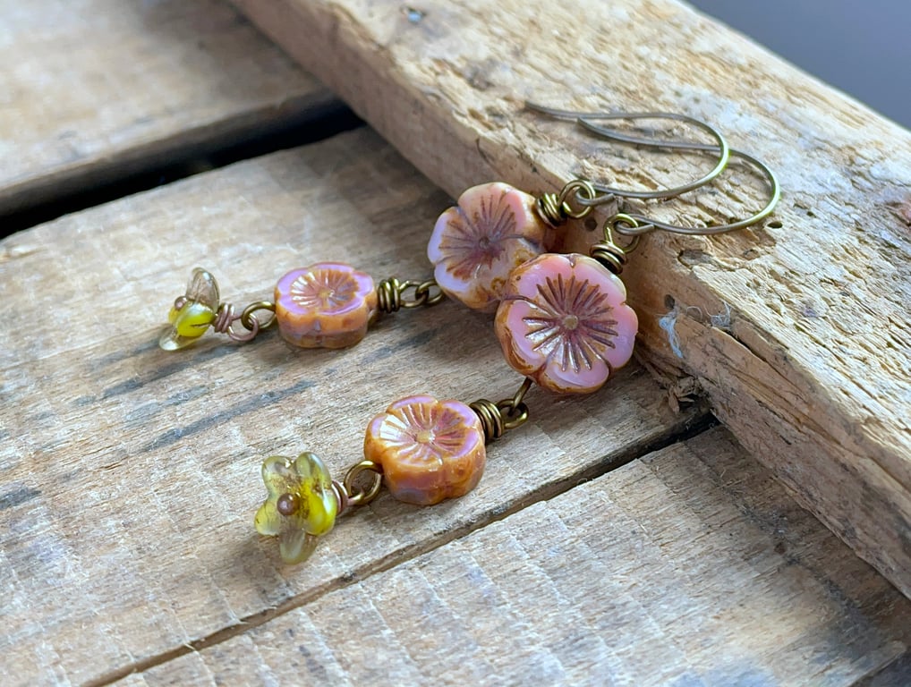 Spring Inspired Czech Glass Flower Earrings. Pink Cascading Blossom Earrings