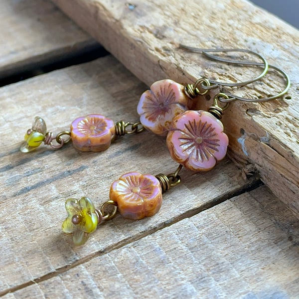 Spring Inspired Czech Glass Flower Earrings. Pink Cascading Blossom Earrings
